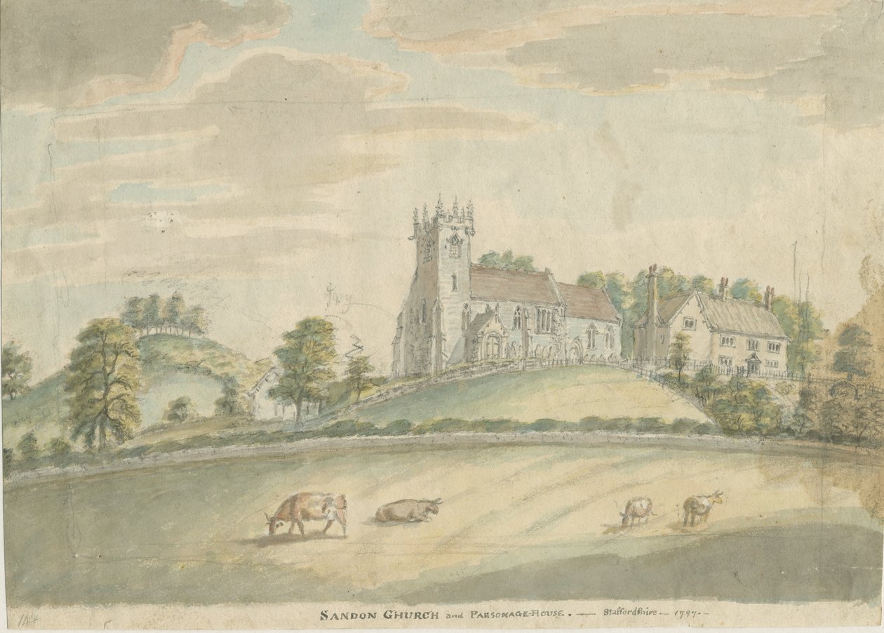Sandon Church and Parsonage：水彩画、1797 作： 不明