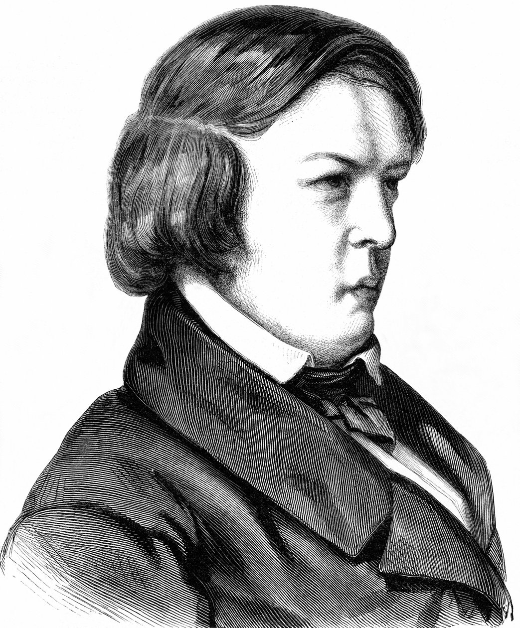Schumann, Robert , ドイツの作曲家 , 08.06. 1810年ツヴィッカウ生まれ、29.07. 1856年、ボン近郊のエンデニヒにて、1860年頃の木版画。 作： 無名の画家