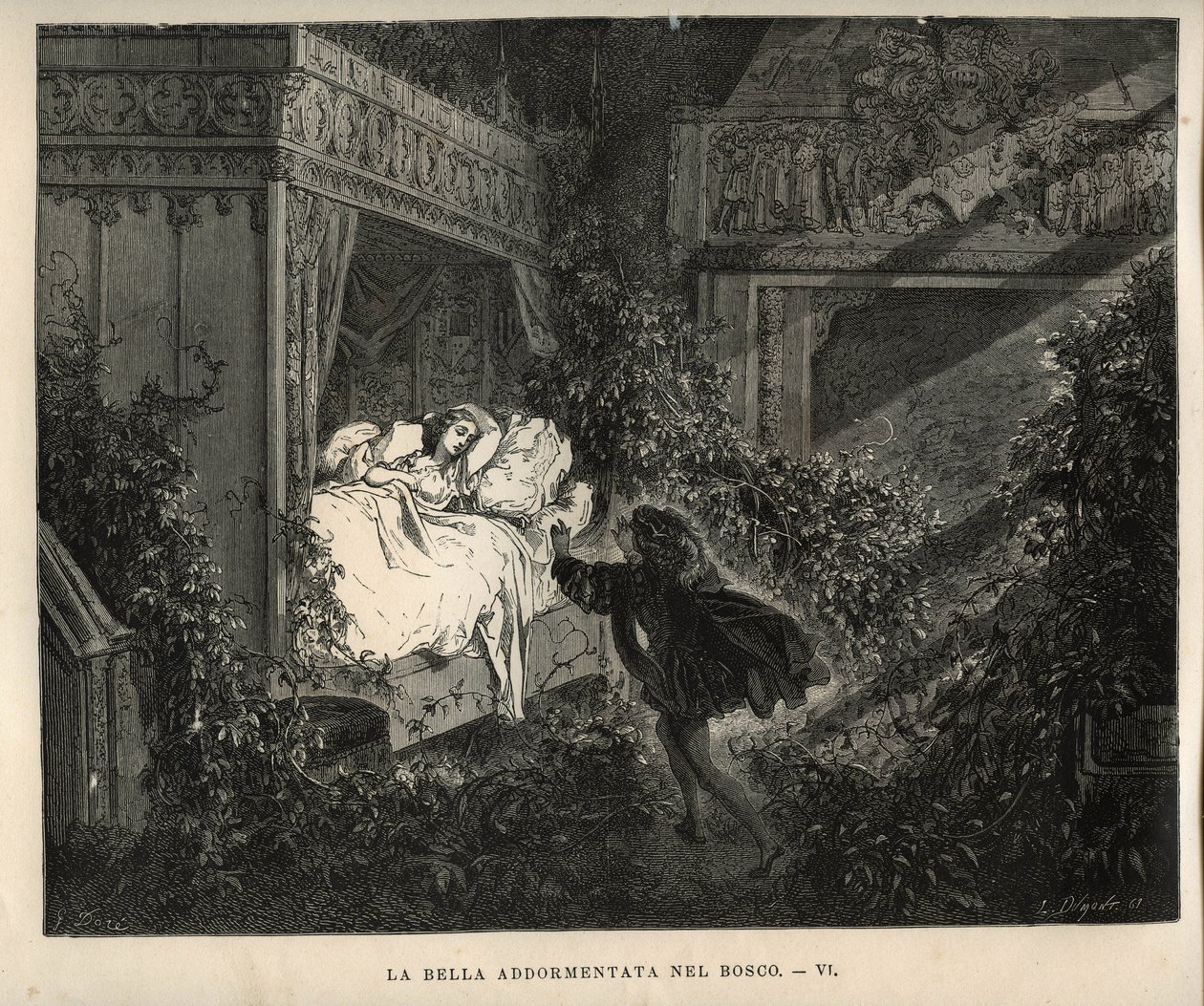 眠れる森の美女：王子は100年前に眠っていた姫を発見する。ギュスターヴ・ドーア（1832-1883）による、シャルル・ペロー（1628-1703）の "Les contes "からの挿絵。 作： 不明