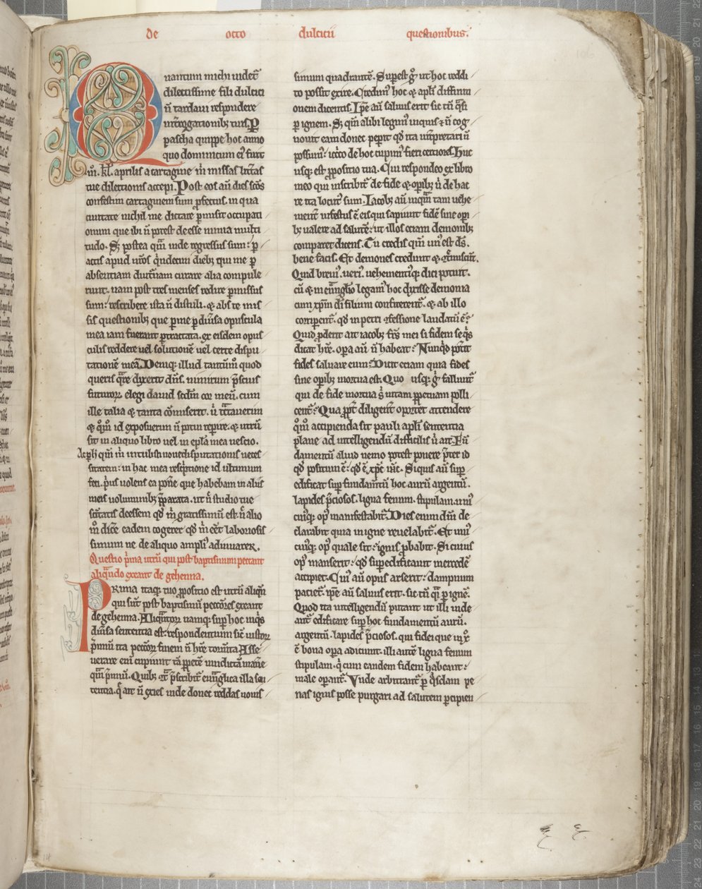 ヒッポの聖アウグスティヌス「オペラ」、Fol 106 recto、c.1200（羊皮紙にペンとインク 作： 不明