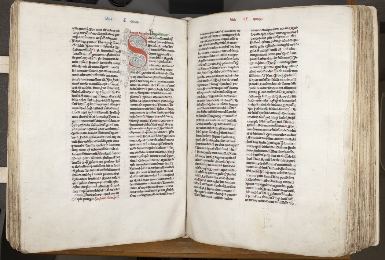 ヒッポの聖アウグスティヌス「オペラ」、Fol 151 verso 152 recto, c.1200 (羊皮紙にペンとインク) 作： 不明