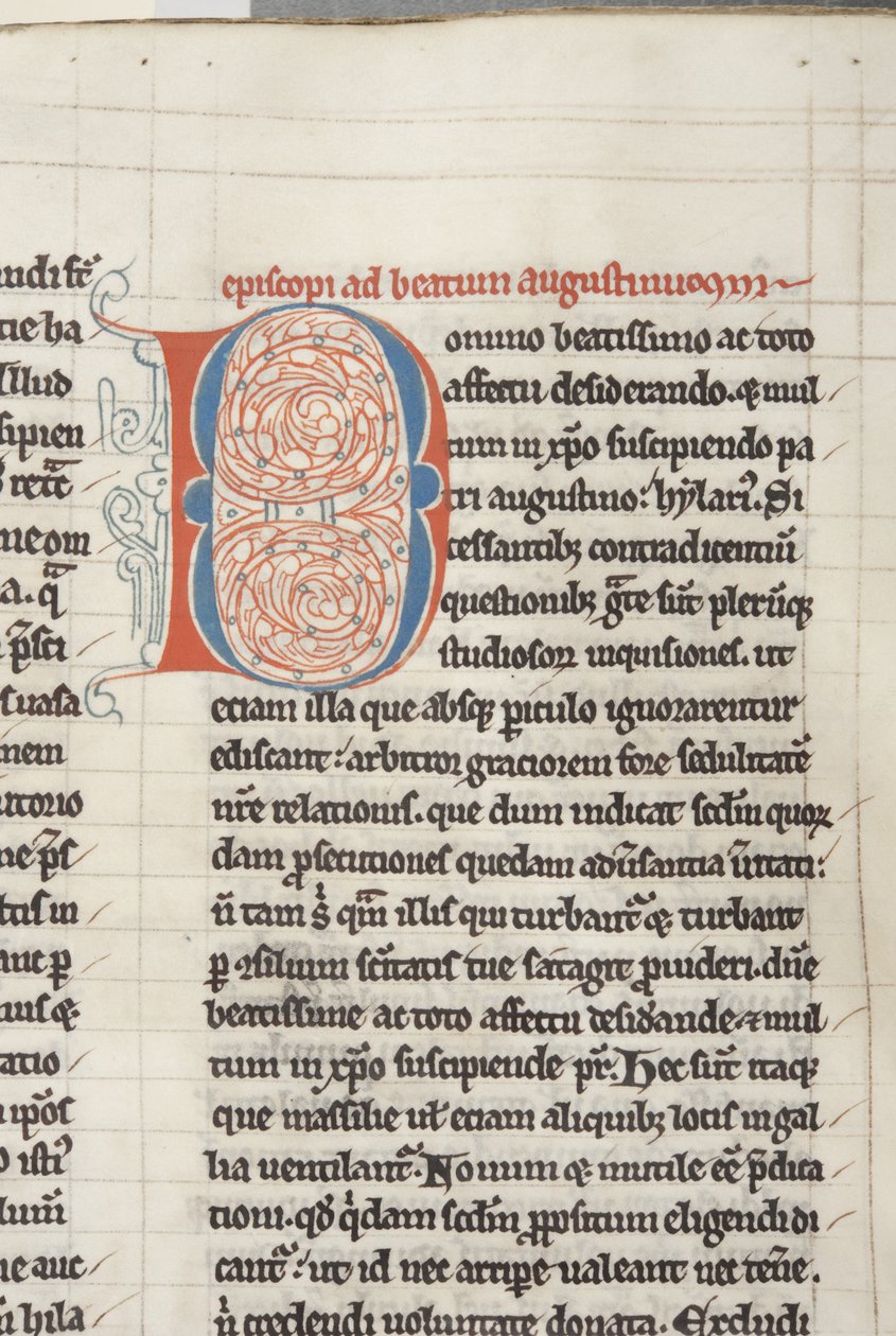 ヒッポの聖アウグスティヌス「オペラ」Fol 18 recto, detail, c.1200 (羊皮紙にペンとインク) 作： 不明