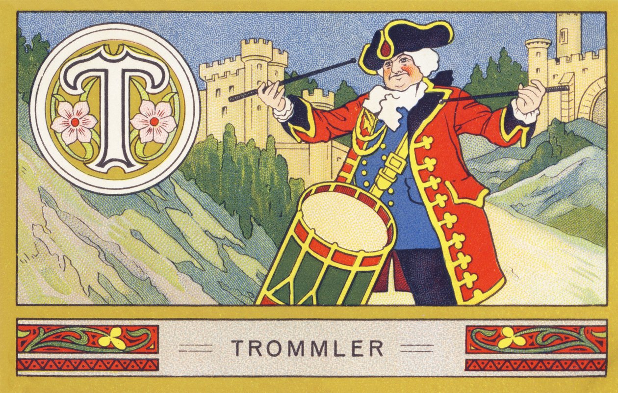T: Trommler - Alphabet Palmin.H. Schlinck & Cie, Hamburg, n.d.で出版された一連のクロモリトグラフ。Palmin feinstes Cocosfettの広告です。サイズ : 7 x 11 cm 作： 無名の画家