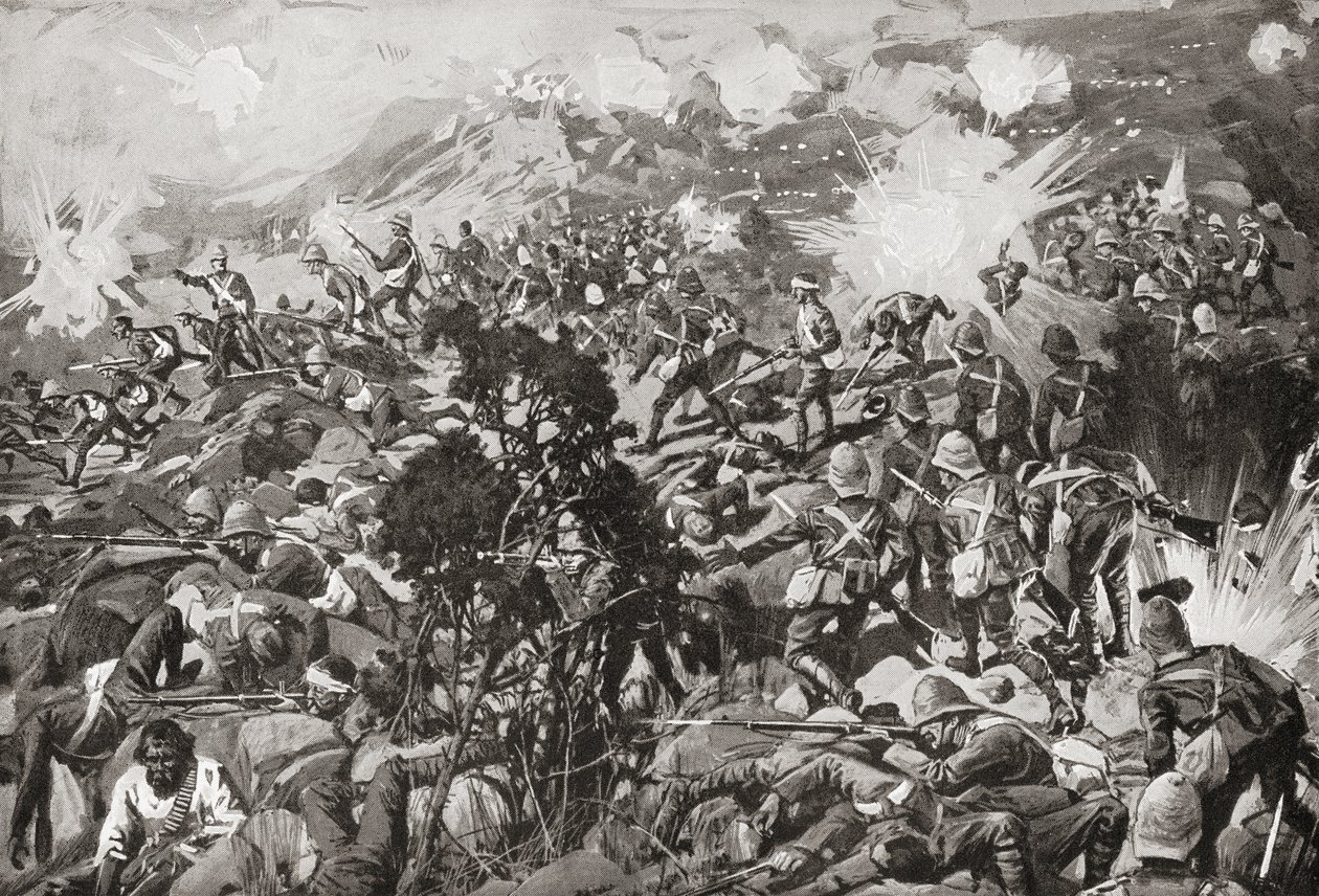 第二次ボーア戦争中の1900年1月23日、南アフリカのナタール、トゥゲラ川でのスピオンコップの戦い。 作： 不明