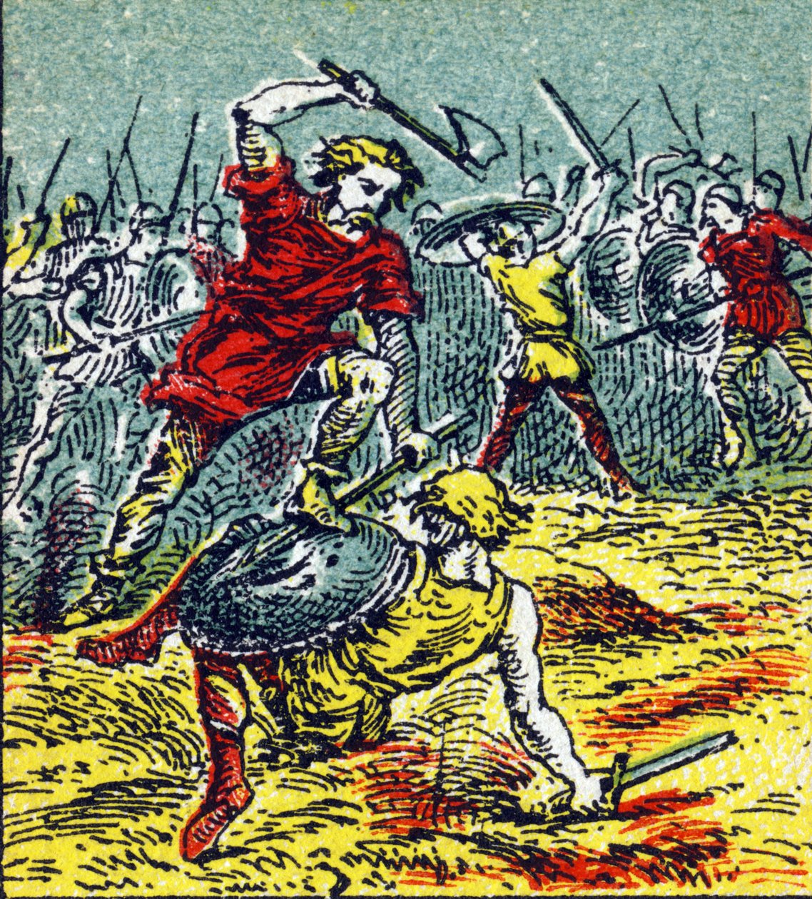 507年、クロヴィス1世が西ゴート族を破ったヴイユの戦い。Histoire de France」に掲載されたエングレーヴィング。1920年頃、Eysines-a-Bordeaux通り24番地のLouit社のために発行された一連の広告画像。画像全体のサイズ：7.8x5.5cm。 作： 不明