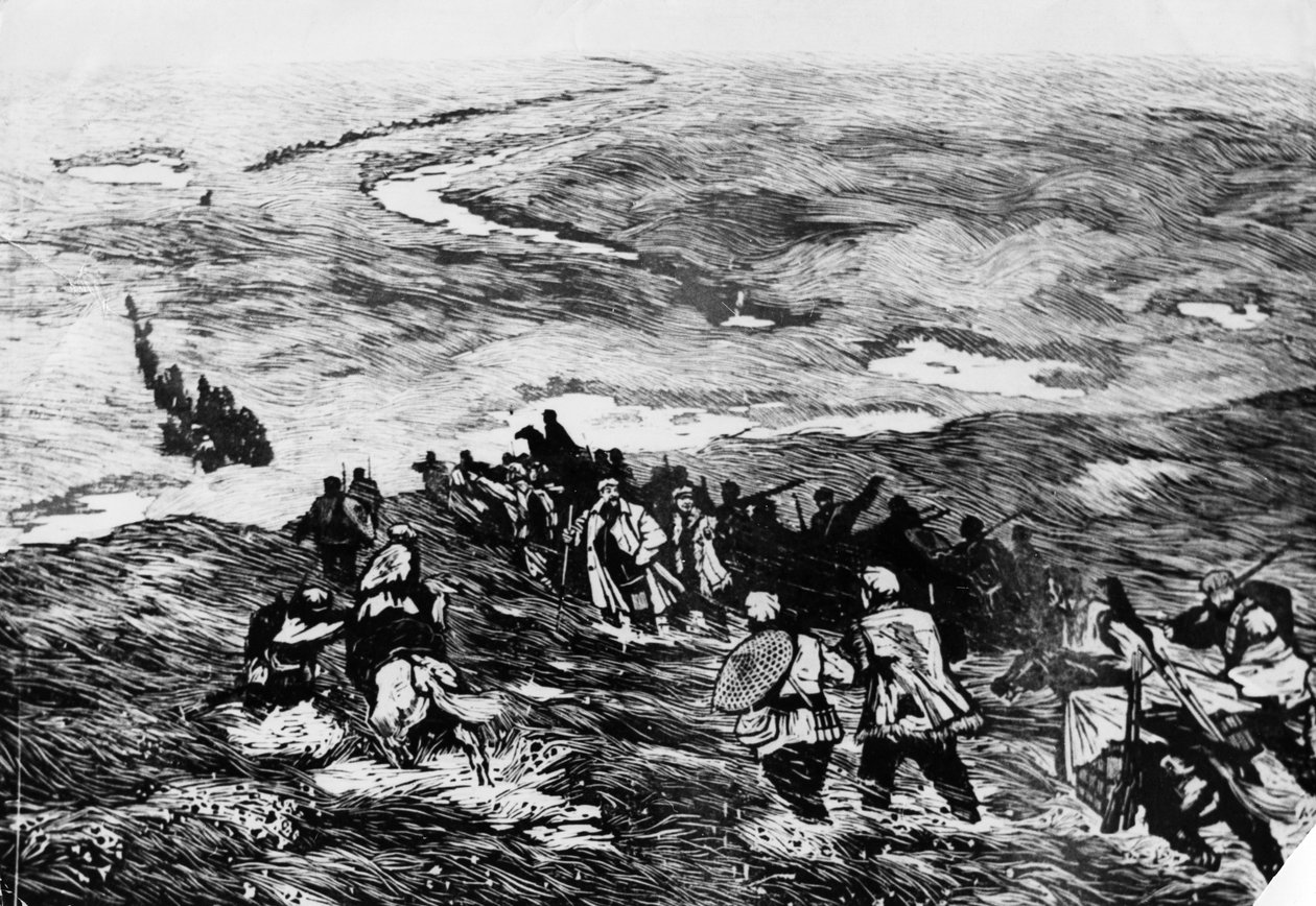 中国紅軍が湿地帯を通過する』。Li Huan-minによる木版画。赤軍が湿地帯を通過する様子が描かれている（1935年 作： 不明