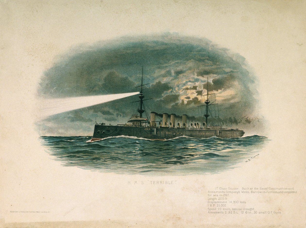 1897年にバロー・イン・ファーネス造船武器会社で建造された一等巡洋艦HMS「テリブル」。W.S.トムキンによる19世紀末のクロモリトグラフィー（？） 作： 無名の画家