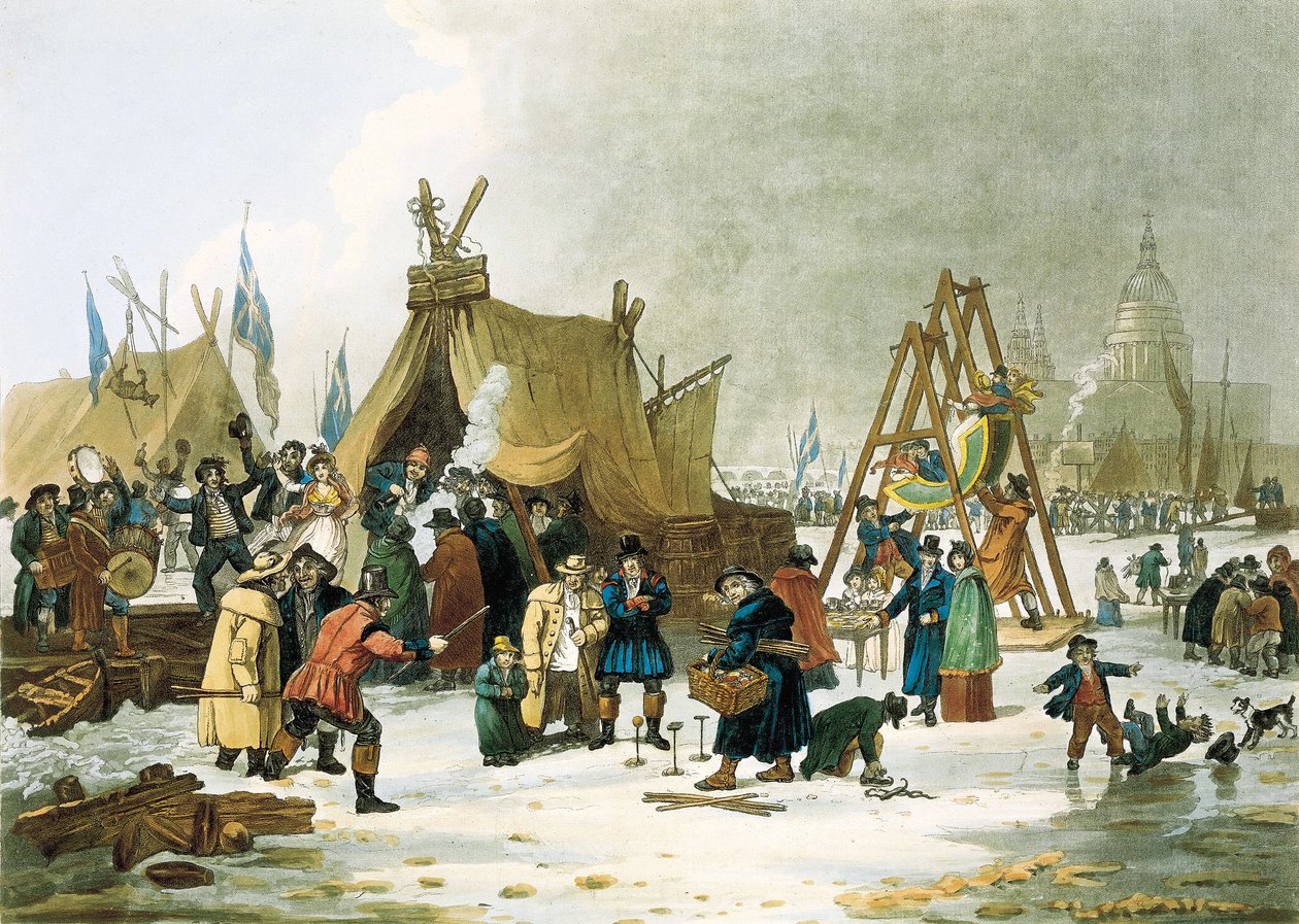 1813年から1814年にかけての冬、1831年に旧ロンドン橋が取り壊されるまでは、極寒の冬にテムズ川が凍結した。 作： 無名の画家