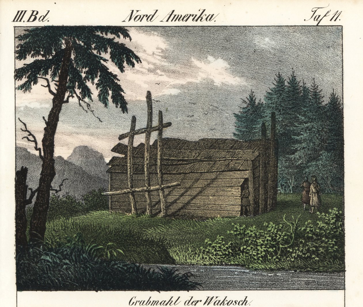 ワカシャンインディアンの木の墓（カナダ）。本のための石版画：Friedrich Wilhelm Goedsche (1785-1863)による「Galerie complete en tableaux fideles des peuples d