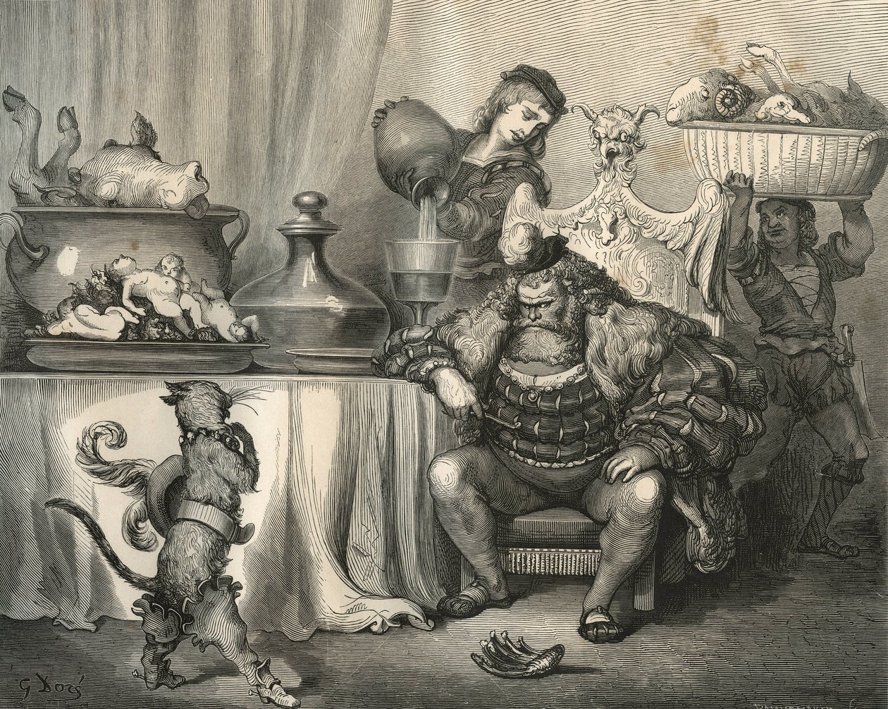 長靴を履いた猫とオーガの出会い。シャルル・ペロー（1628-1703）の「Les contes」からギュスターヴ・ドーア（1832-1883）が描いた版画。 作： 不明