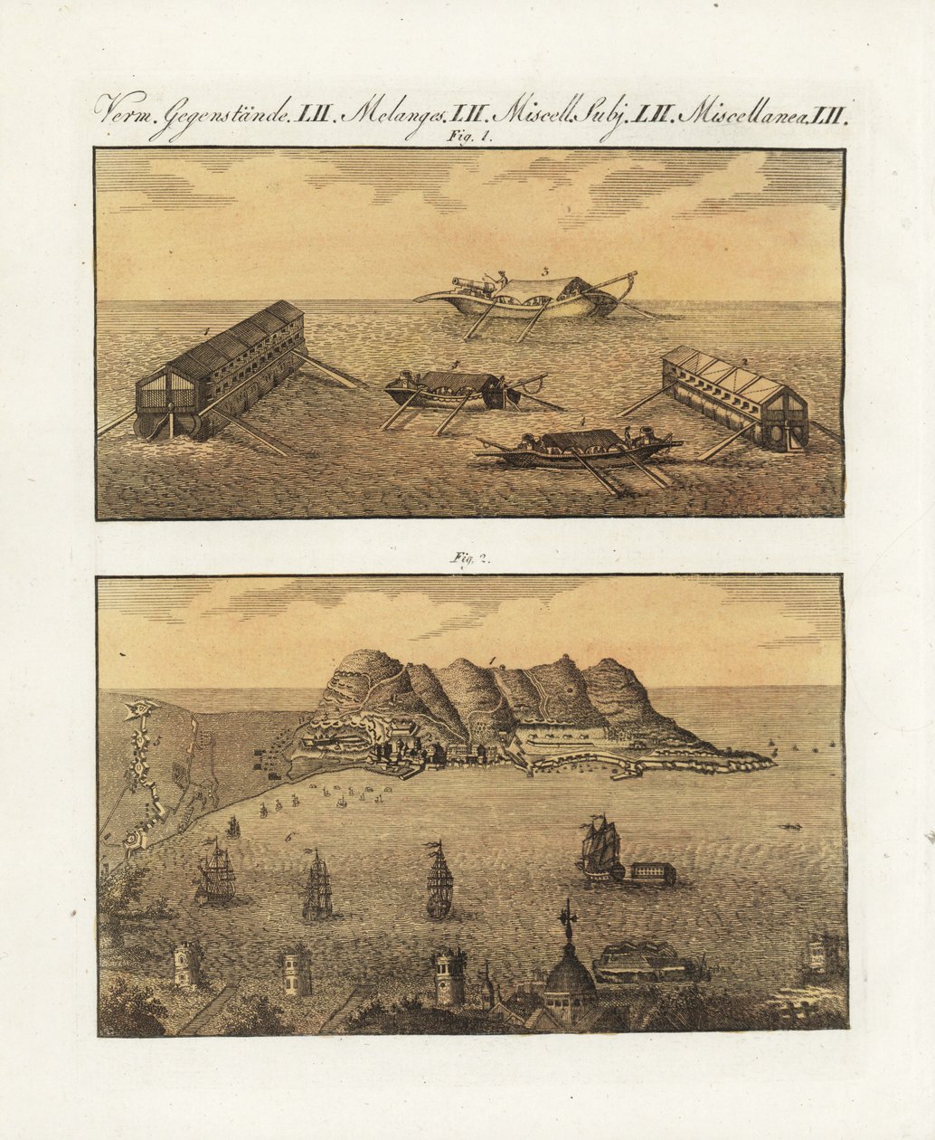 1782年、ジブラルタルにあったイギリス軍の浮き砲台。フランス人技師アルコンが設計した2段式210門砲台と1段式砲台。ジブラルタルにおけるイギリス海軍の浮き砲台 作： 無名の画家