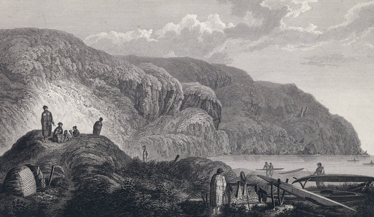 オオナラシュカ（または米国アラスカ州ウナラスカ）の住民とその家。18世紀末、ジョン・ウェバー（1751年～1793年）の版画。