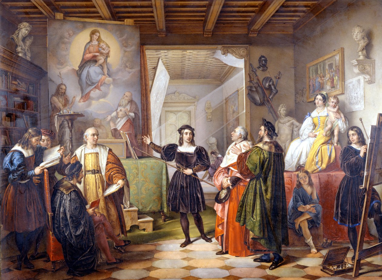 アトリエでの画家ラファエロ（Raphael Sanzio 1483 - 1520）。 作： 無名の画家