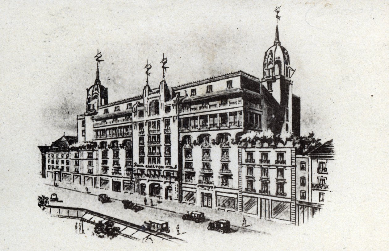 サーマル・ツーリズム：1905年頃のフランス、ヴィシーのカールトン・ホテルの眺め（絵葉書） 作： 無名の画家