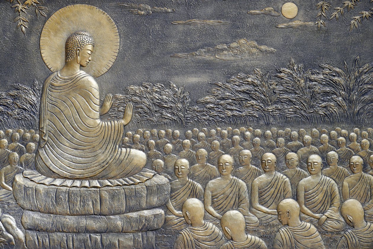 Tinh Xa Ngoc Chau Buddhist temple, The Life of Buddha, Siddhartha Gautama, Buddha with disciples, teaching, The Buddha exhorted His first sixty Arahant disciples to go out in different directions to preach the Doctrine, Chau Doc, Vietnam, 2018 (pho) 作： 不明