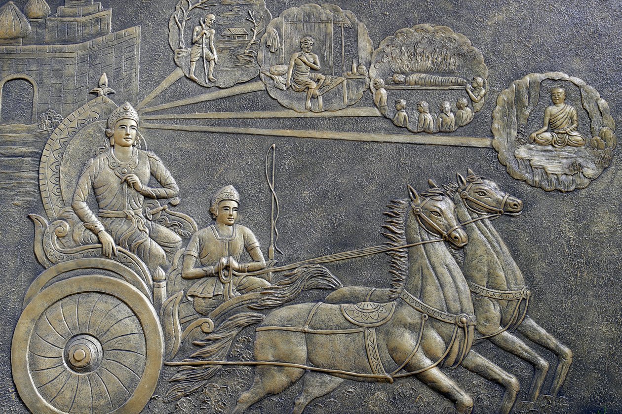 Tinh Xa Ngoc Chau Buddhist temple, The Life of the Buddha, Siddhartha Gautama, Prince Siddhartha asked a charioteer to take his series of rides in the countryside, Chau Doc, Vietnam, 2018 (photo) 作： 不明