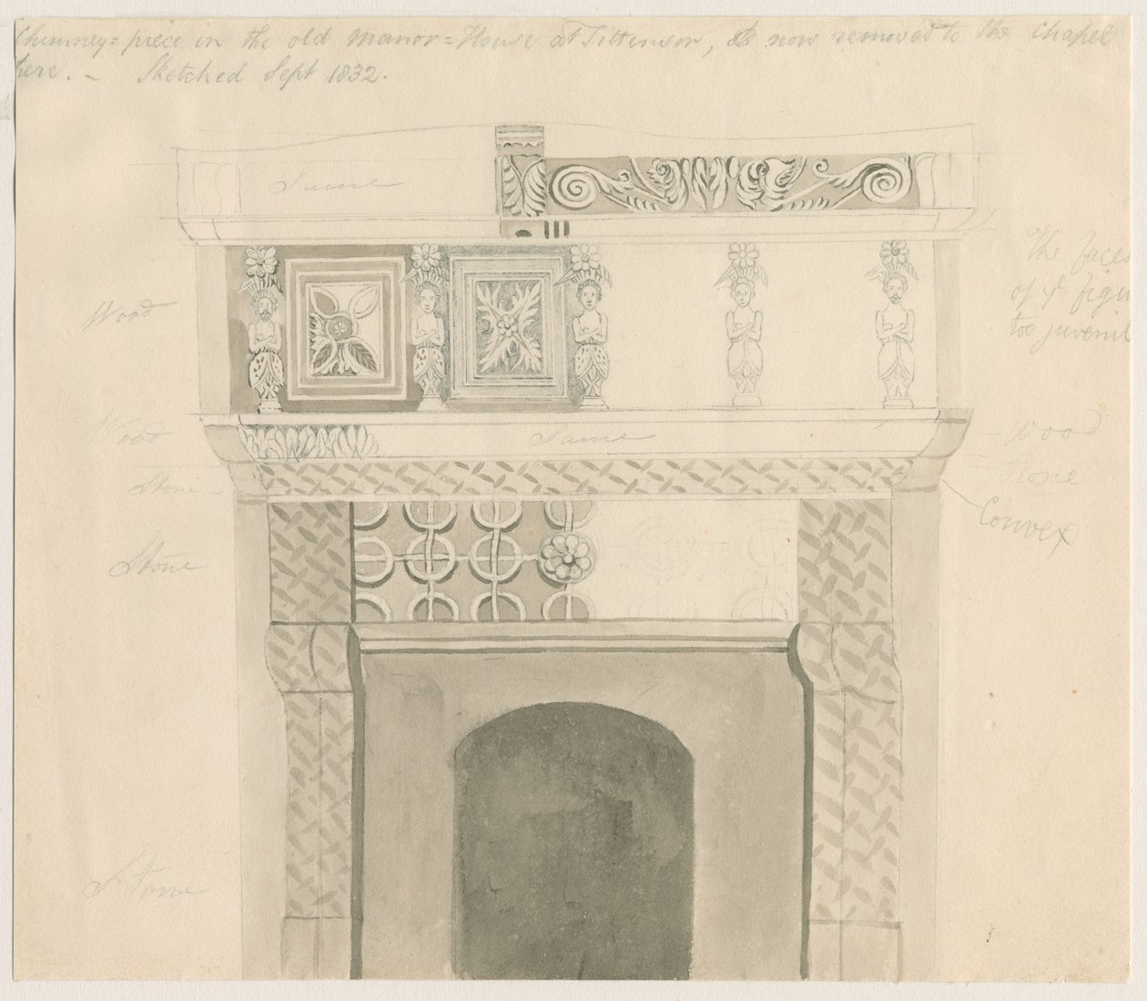 Tittensor-Manor Houseの煙突の部分：鉛筆とウォッシュの描画、1832年9月 作： 不明