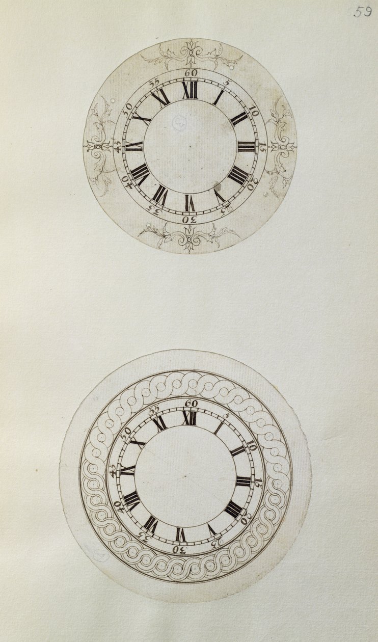 ジョン・ハリソン（1693-1776）とその息子ウィリアム（c.1726-72）がまとめた機械的なメモと図面から、エナメル製の大きな時計の文字盤のデザイン2点（紙にペンとインク）。 作： 不明