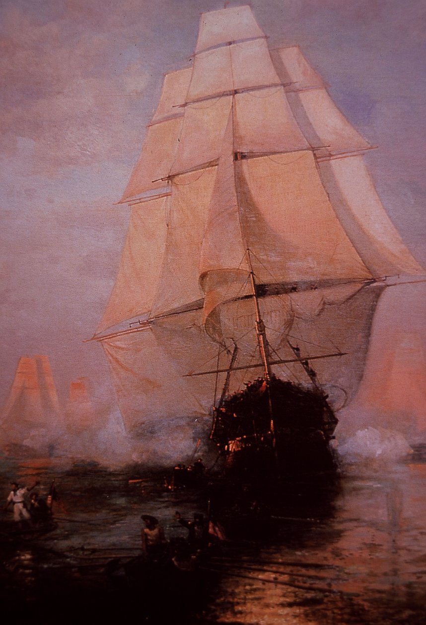 英国を脱出するUSSコンスティテューション（カラーリトグラフ 作： Jan Cornelis Woudanus