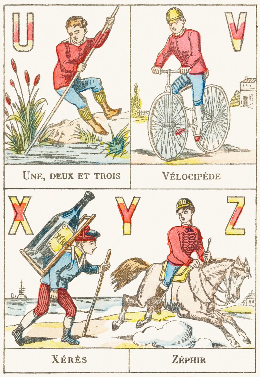 UVXYZ; U：1、2、3。 V：ベロシペード; X：ゼレス; Z：Zephir-Games Alphabet、c.1890（彫刻） 作： 不明
