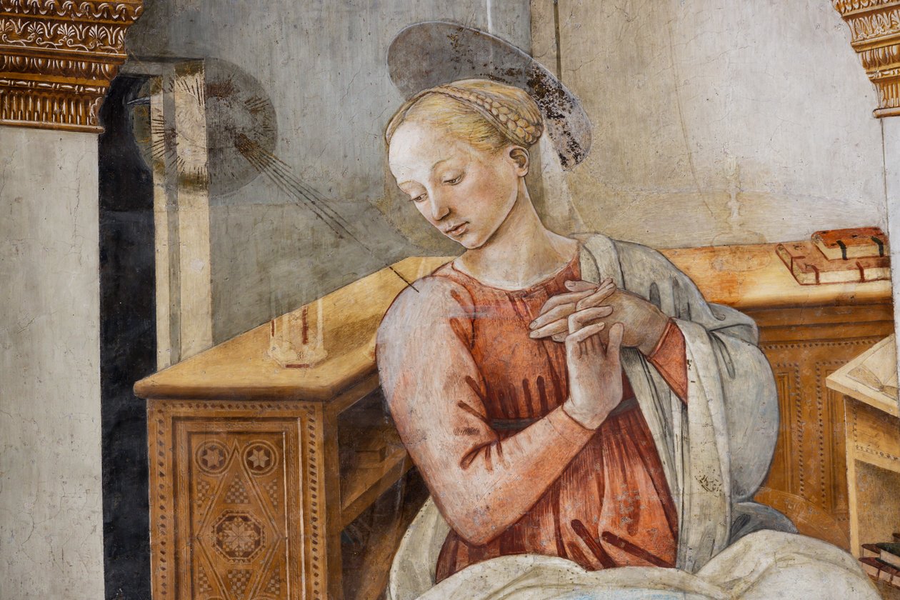 Virgin Mary, detail of the Annunciation   1397860   ja       japanese Successfully Translated  Original: French XVIIIth century cabinet, c1950. Translat: 