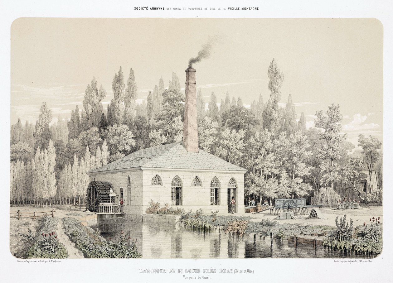 水力発電、1900年以前 亜鉛製の圧延機（Laminoir）、フランス、ブレイ近郊のサン・ルイ市 作： 不明