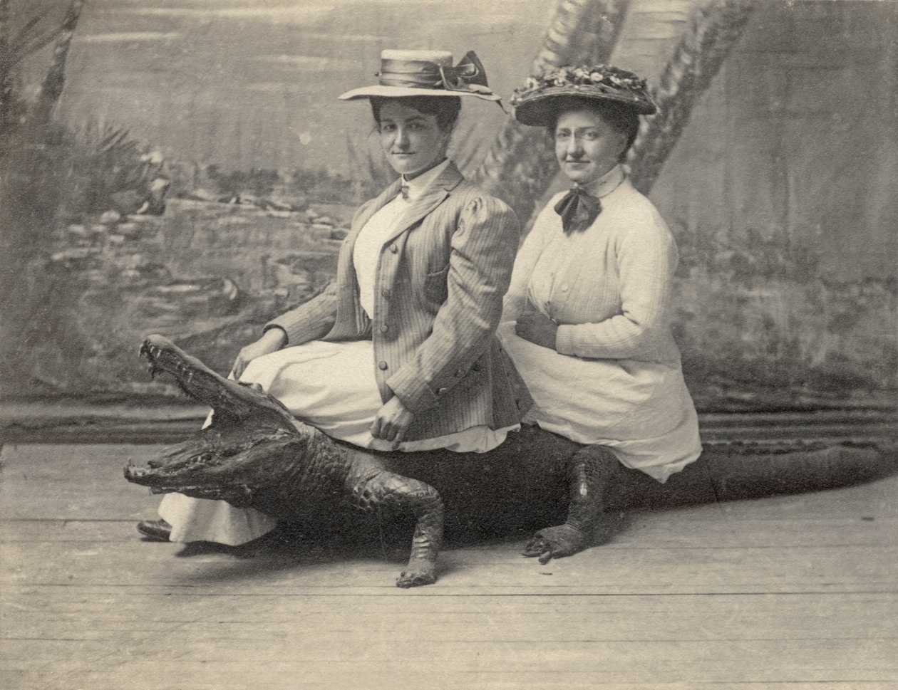 ワニのぬいぐるみに座る女性、1905年頃（白黒写真） 作： 無名の画家