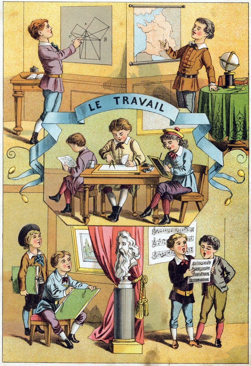 教室での作業風景。Alphabet des petits ecoliers "に掲載されているエングレービング。エピナルの映像、1885年頃。プリヴェ・コレクション 作： 不明