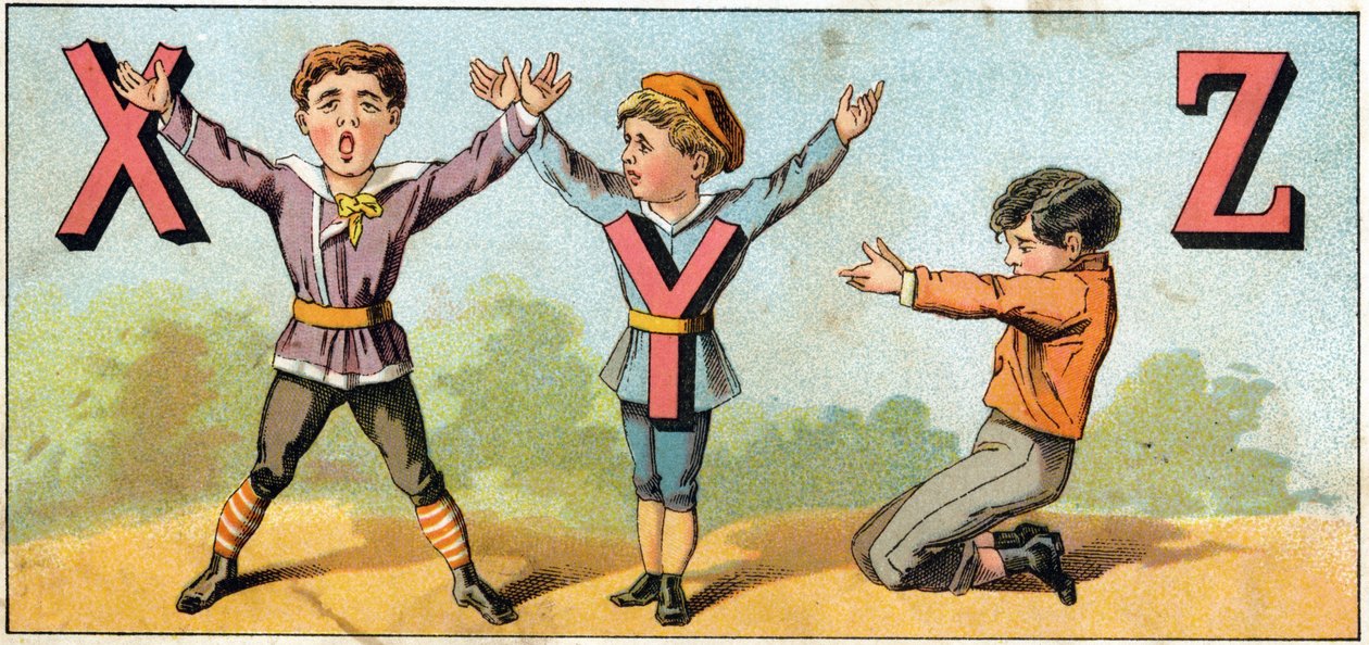 X、Y、Zの文字を体で表現しています。Alphabet des petits ecoliers "に掲載された版画。1885年頃、エピナルの映像。プリヴェ・コレクション 作： 不明