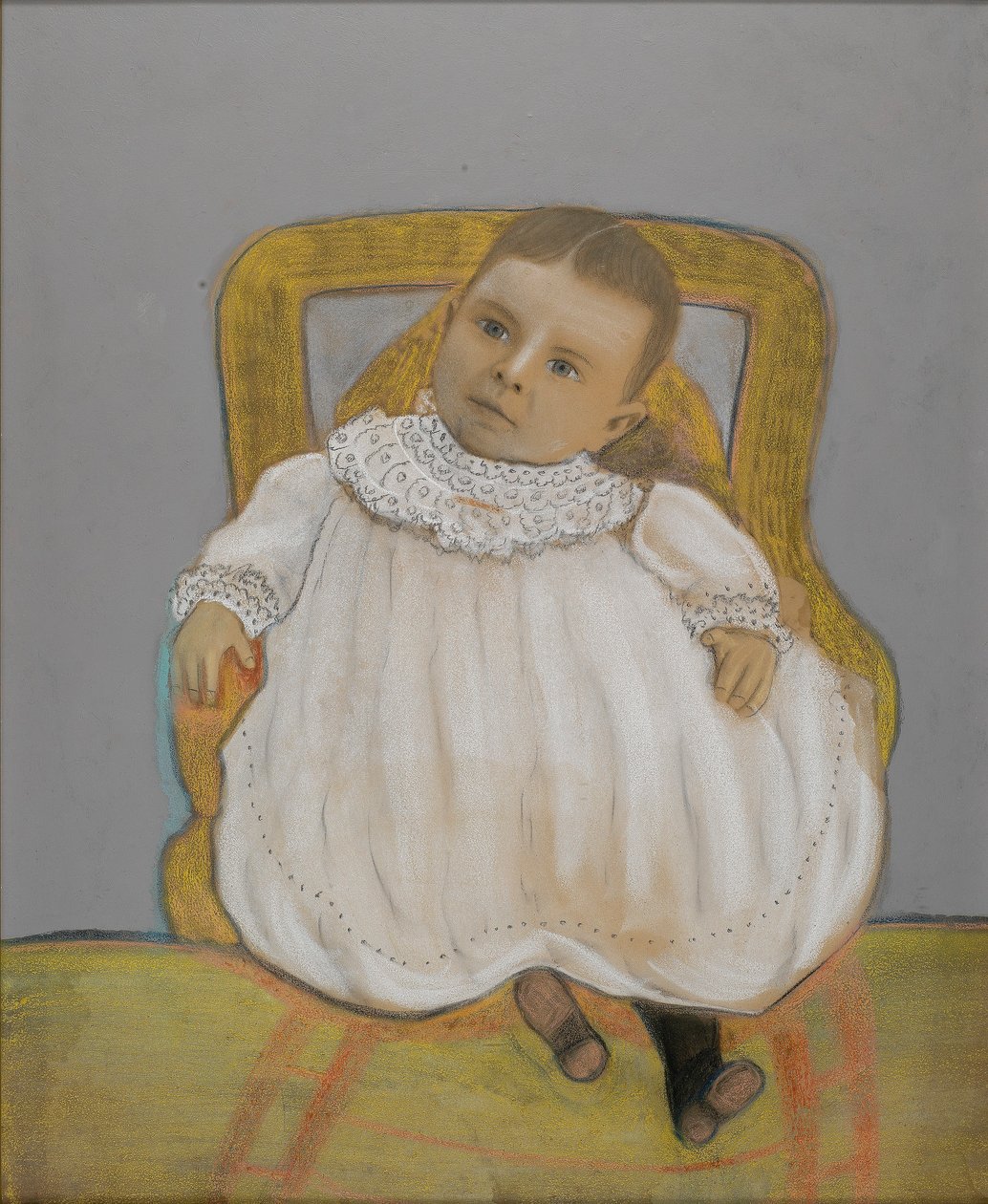 ペイントされた椅子に座る幼児 作： 身元不明