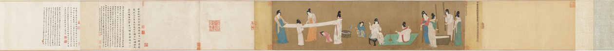 新しく編まれた絹を準備する裁判所の女性 作： 不明