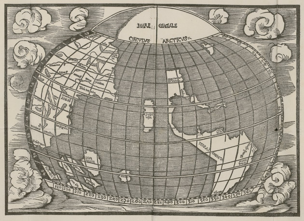地峡による2つの大陸の接続を示す北アメリカと南アメリカの地図。 Jan of Stobnica、1512年、Introductio in Ptholomei Cosmographiam（Introduction to the Cosmography of Ptolemy）に掲載されました 作： 不明