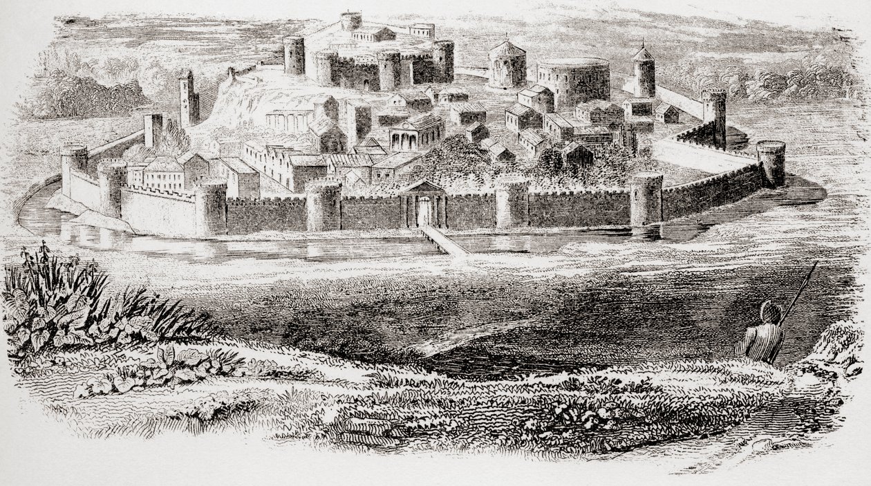 1890年頃に発行された国立百科事典による古代の要塞の概観と中世の城の典型的な建築 作： 不明不明