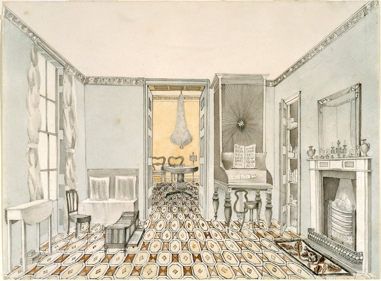 応接室の眺め、c.1835-40（紙に鉛筆、インク、トイレ） 作： 不明不明