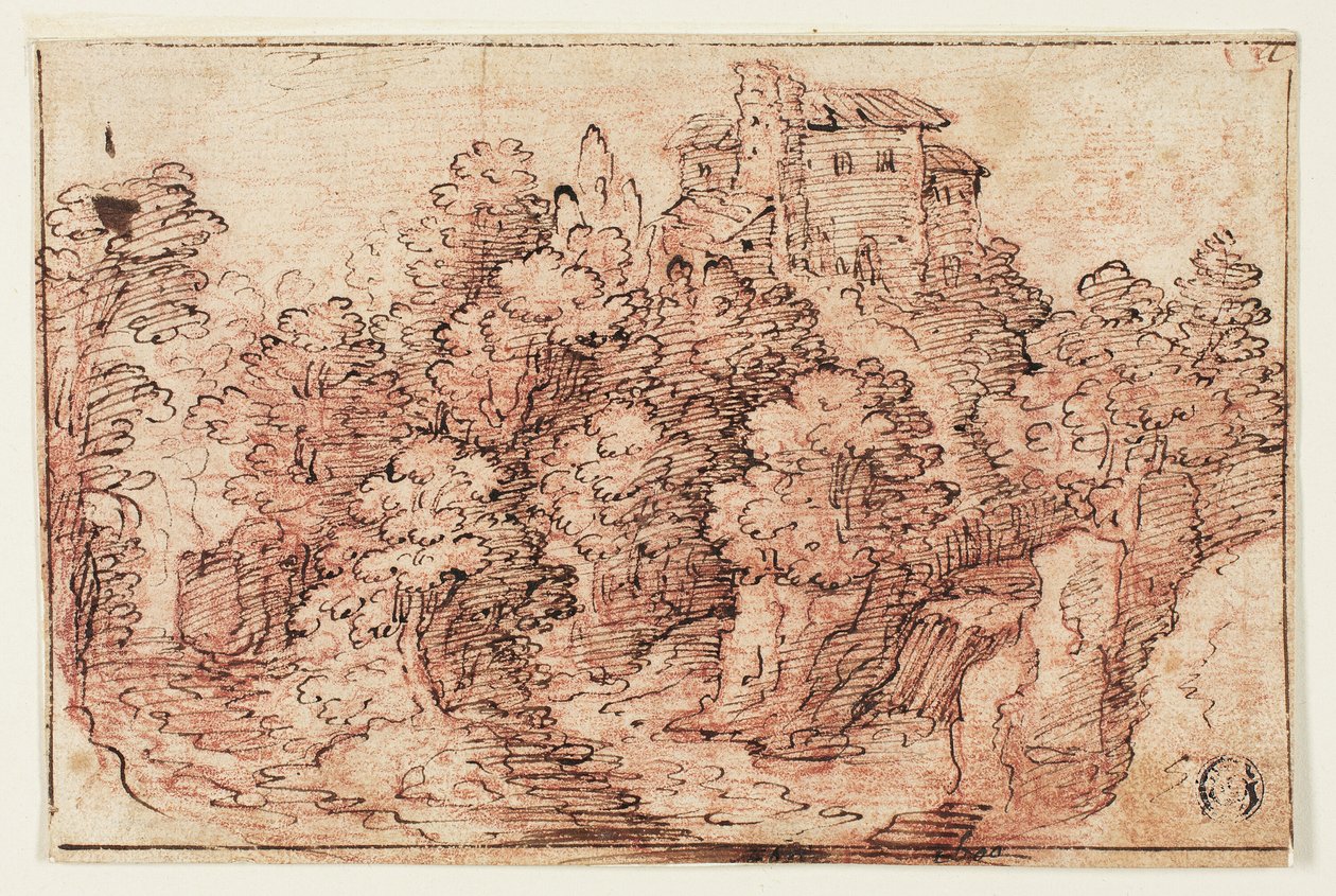 風景：樹木が茂った丘の家 作： 不明