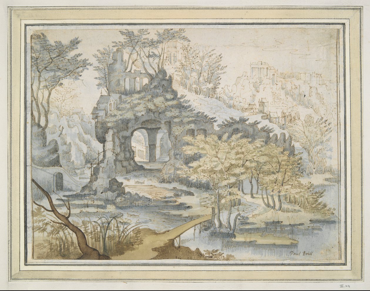岩のアーチ道の建物のある風景 作： 不明