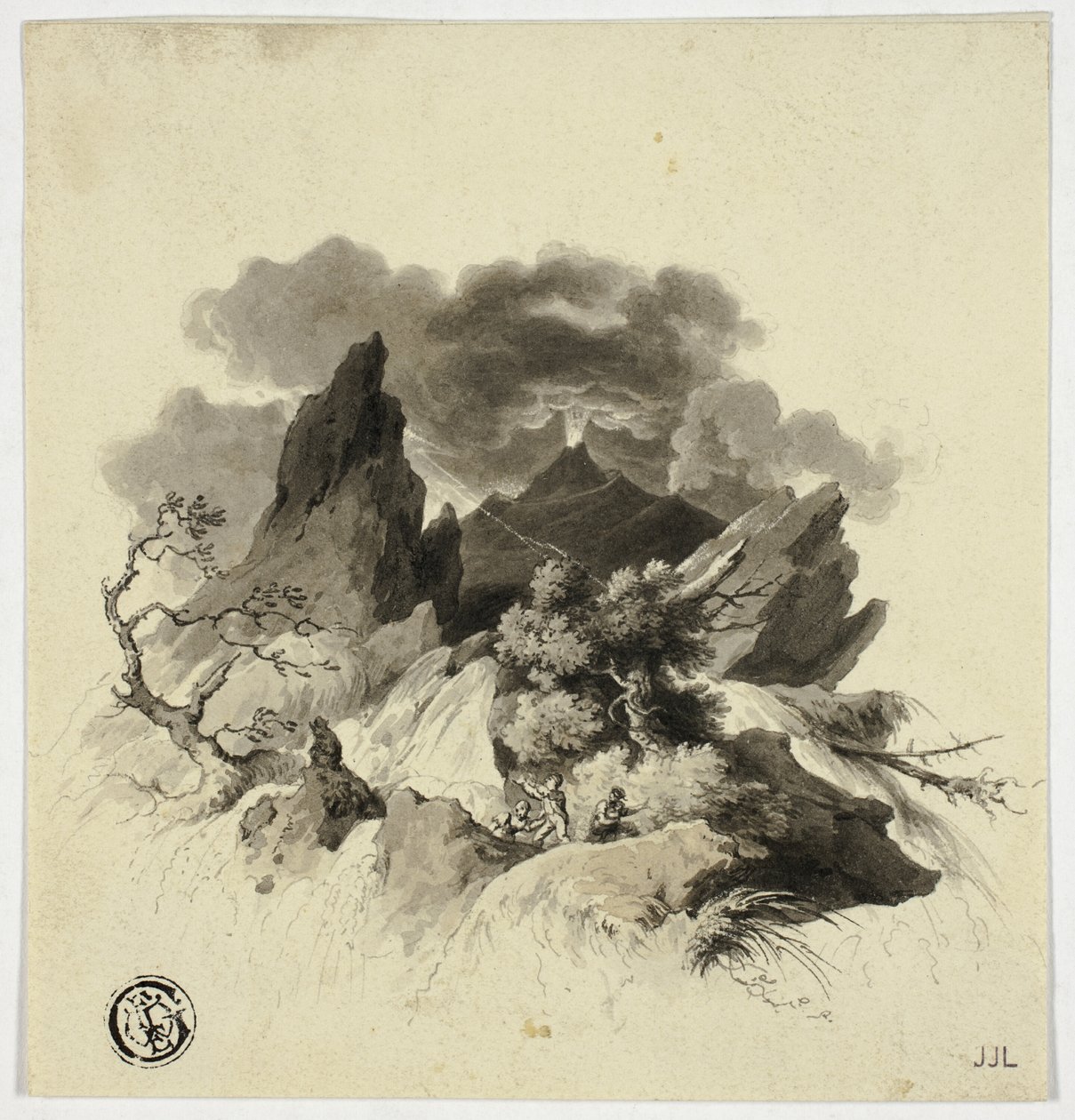 遠くに火山の噴火を伴う山の激しい嵐 作： 不明