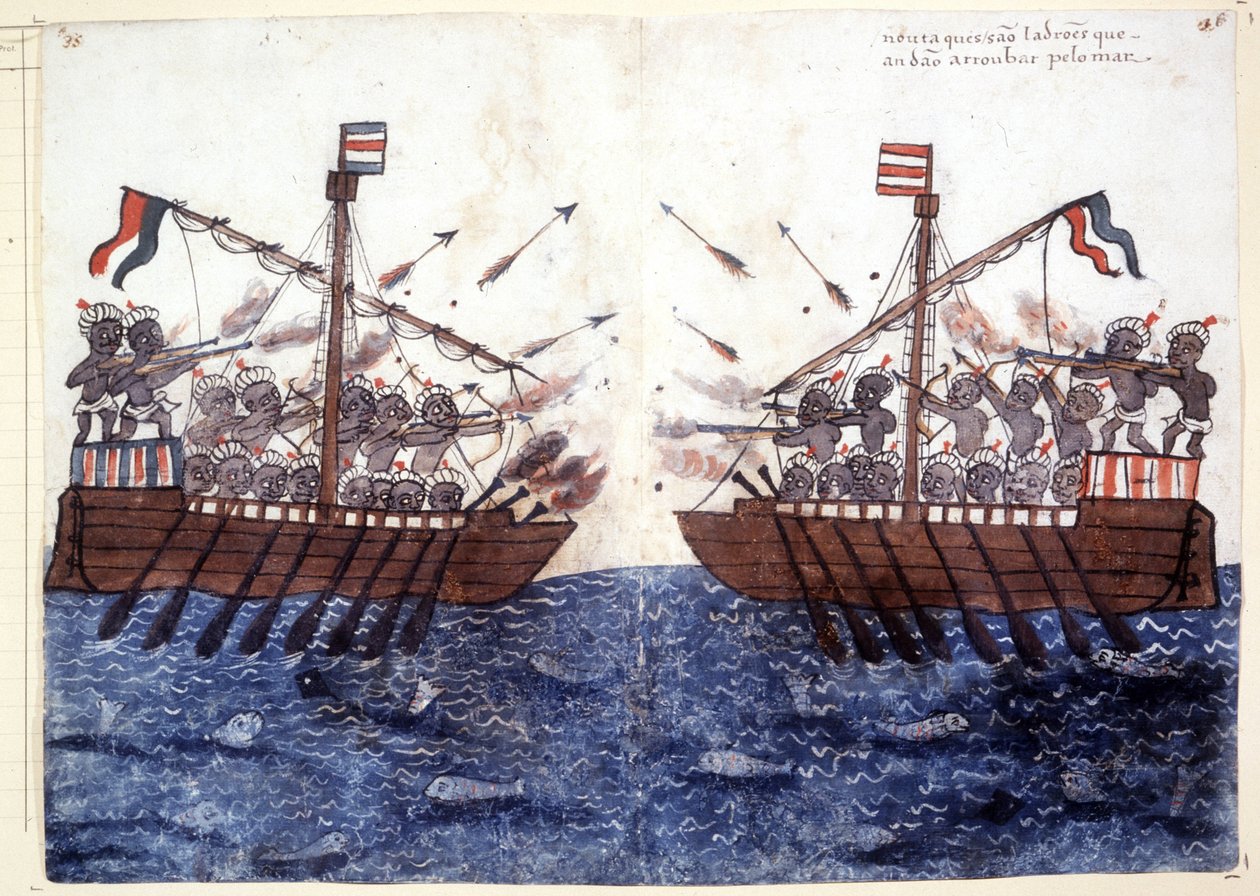 16世紀、インド洋での海賊船との遭遇を描いた版画。ローマのビブリオテカ・カサンテンセ。 作： 無名の画家