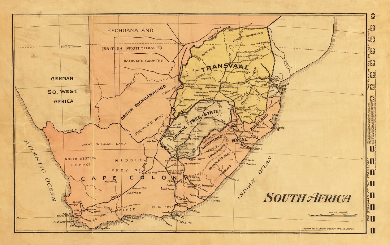 1899 年の第二次ボーア戦争中の南アフリカの地図 (カラー彫刻) 作： 無名の画家