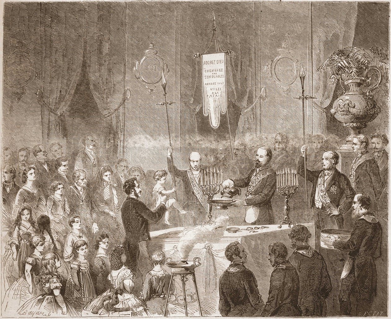 1861年にフラテルネル・アミティブのロッジで行われたマコーニック・バプテーム。 作： 無名の画家