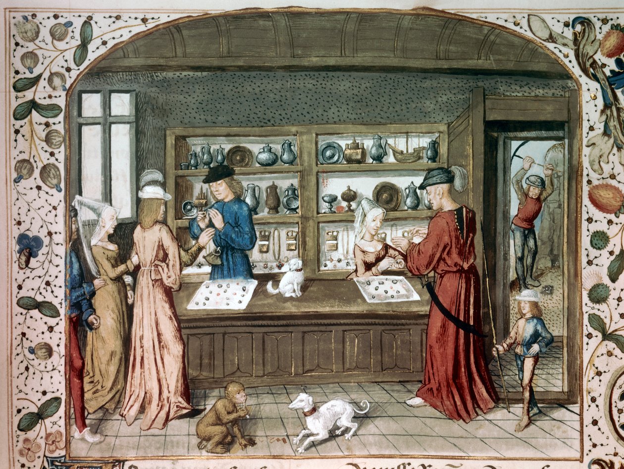 15世紀のパリ、B.N.「Le lapidaire de Jean (Jehan) de Mandeville (1300-1372)」に登場するミニチュアの宝石店。 作： 無名の画家