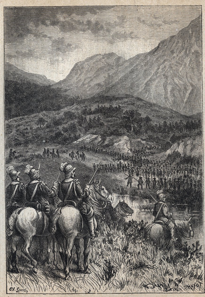 戦場-19世紀、ウォルター・スコット（1771-1832）の歴史小説「スコットランドの清教徒」（Old Mortality）の挿絵 作： 無名の画家