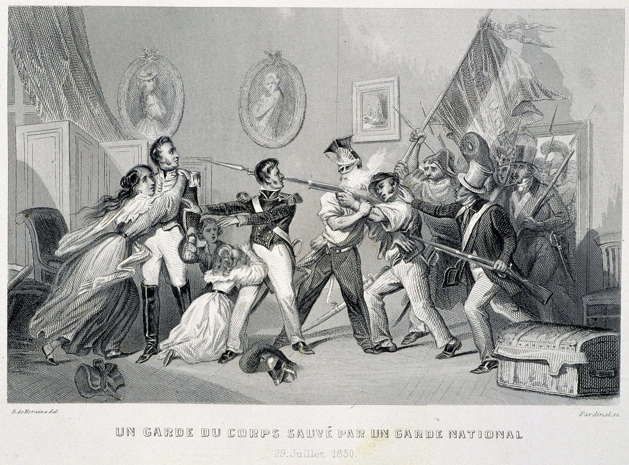 ボディーガードが国民衛兵に救われる（1830年7月29日） - "Fasttes de Gardes nationales de France "にて 作： 無名の画家