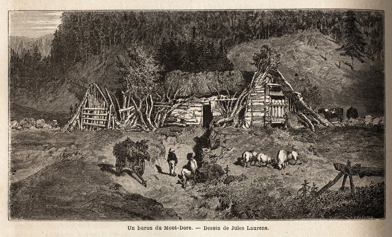 Ein Buron von Mont-Dore, ein Gebäude in den Bergweiden Zentralfrankreichs, das saisonal betrieben wird, um Käse von Mai bis Oktober herzustellen und Kühe zu beherbergen. Gravur zur Illustration der Reise zu den Vulkanen Zentralfrankreichs im Jahr 1864 von Unknown artist