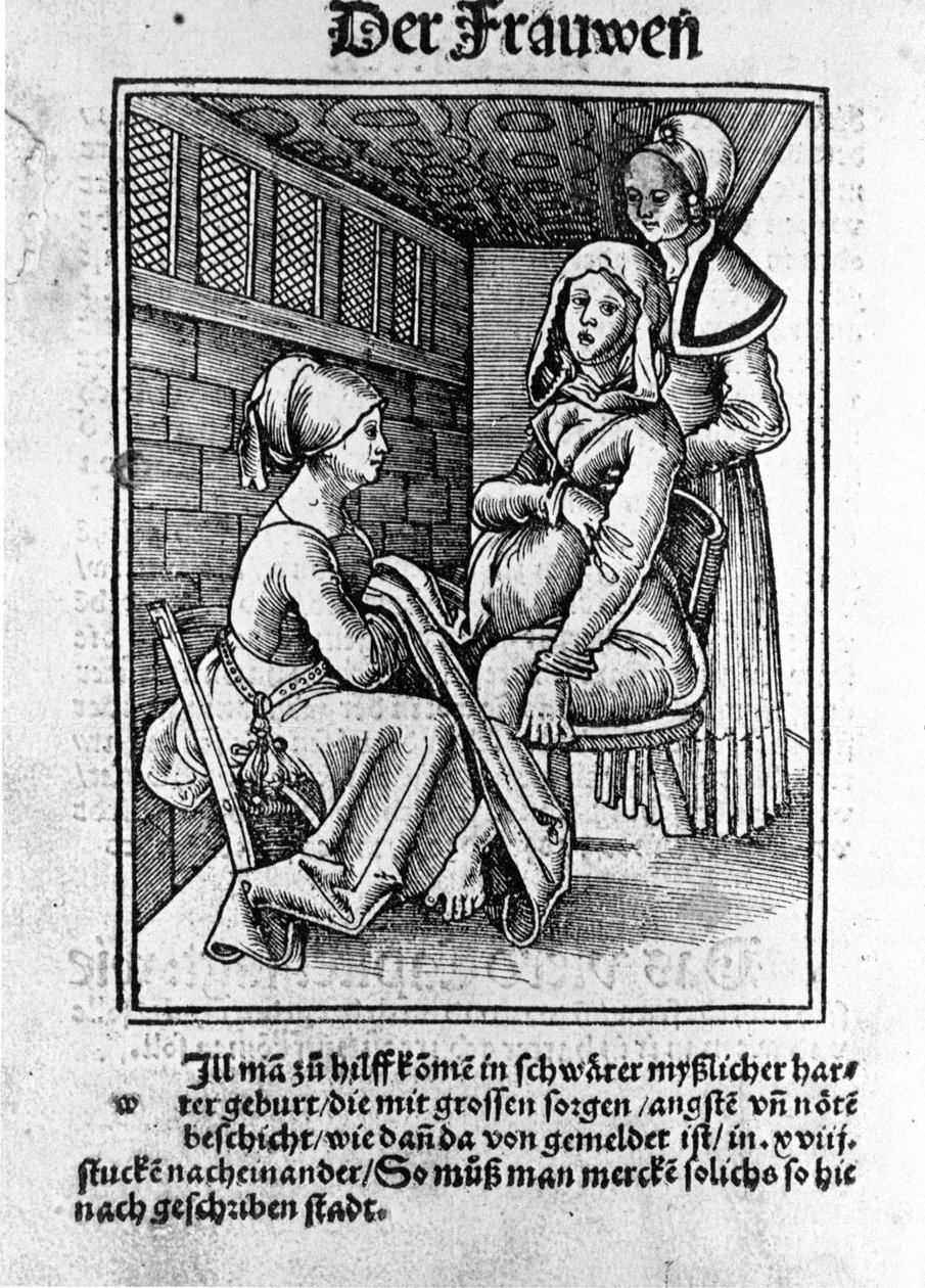 出産の様子。ハゲナウの「Der swangern frawen und hebammen Rosengarten」の後のKonrad MerkelのXylography 作： 無名の画家