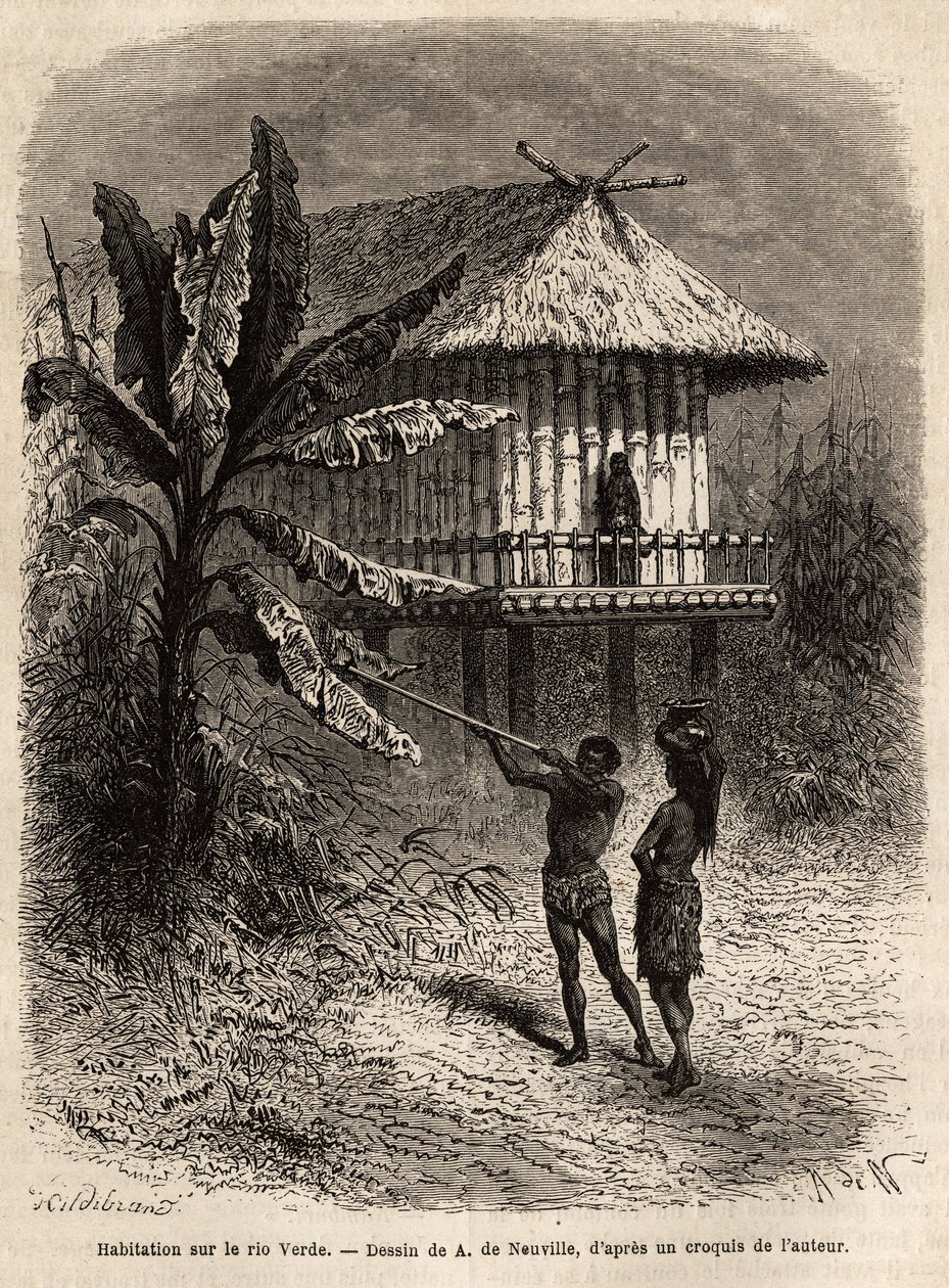 Ein Paar Indianer aus Rio Verde (Brasilien), der Mann mit seiner Blasrohr, vor einem typischen Pfahlbau. Gravur zur Illustration der Reise nach Neugranada, von Dr. Saffray, 1869, veröffentlicht in „Le tour du monde“ 1873, herausgegeben von Edouard Charton, von Unknown artist