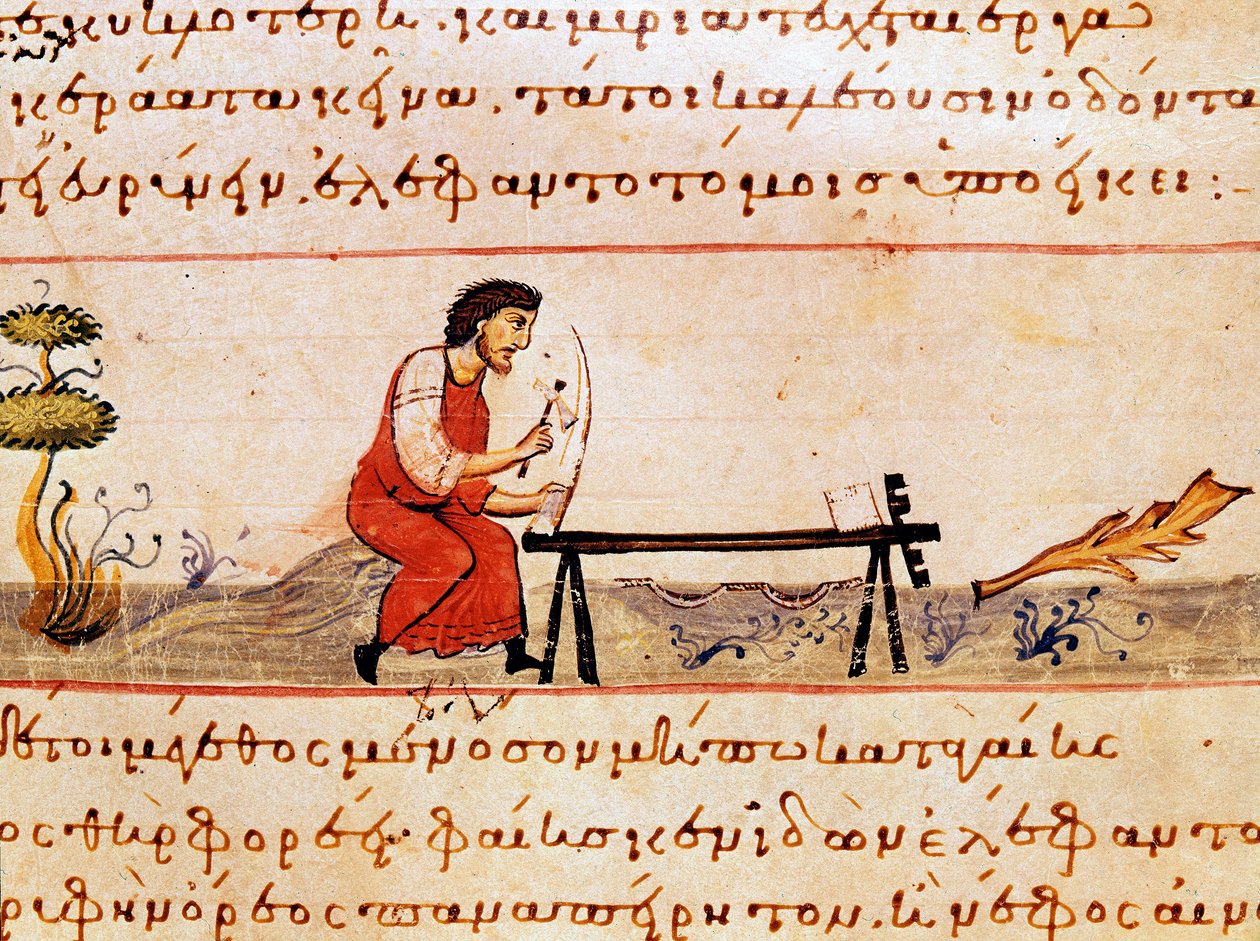 象牙を加工する職人。シリア（紀元3世紀）のオッピアン（Oppian or Oppianus）がカラカラに捧げた狩猟貿易のミニチュア「The Cynegetics」。11世紀のヴェネツィア。マルシアーナ図書館 作： 無名の画家
