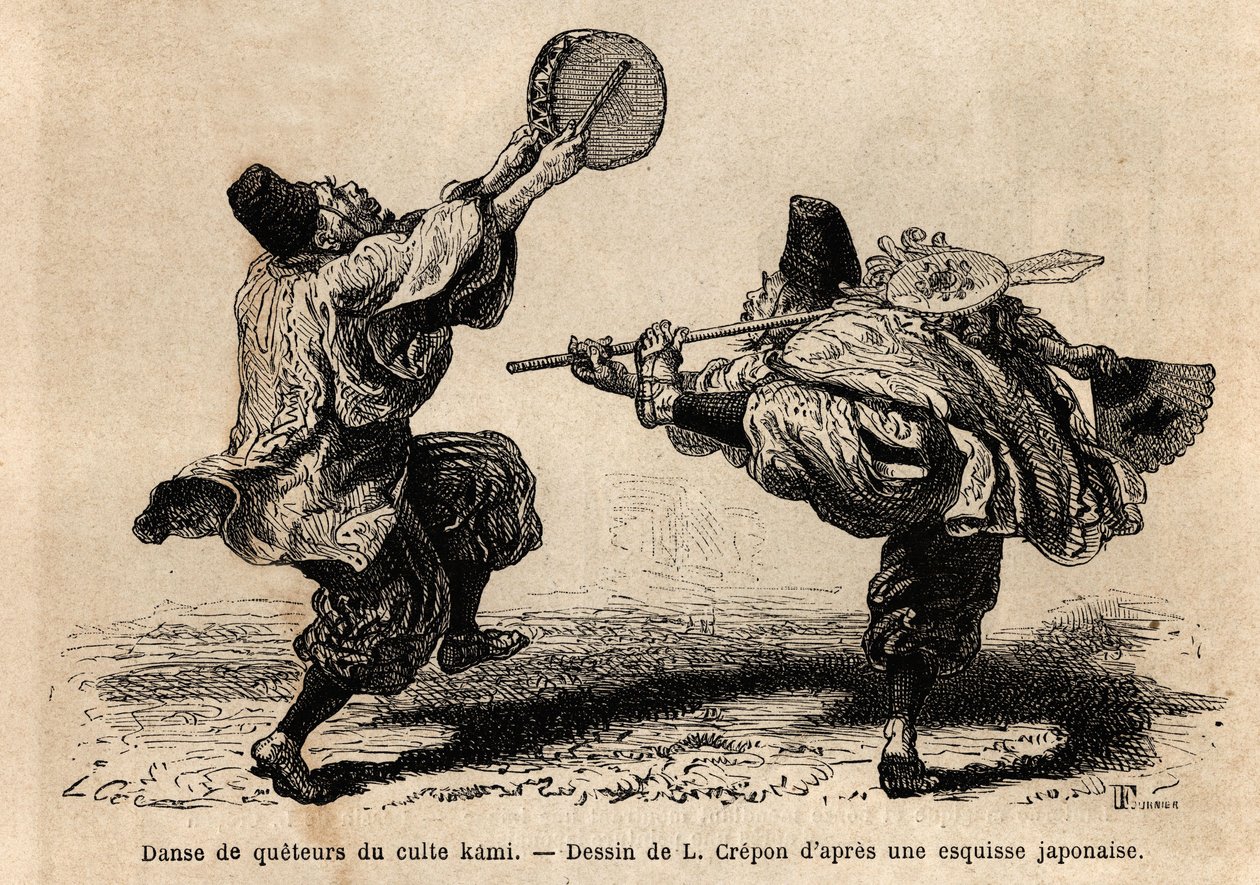 典礼の朗読と思いがけない振り付けの人物が登場するカミ・カルトのコンフェレンスのダンス。1863年から1864年にかけてスイス連邦公使のアイム・アンベールが行った日本への旅を説明するための版画で、「le tour du monde」に掲載されています。 作： 無名の画家