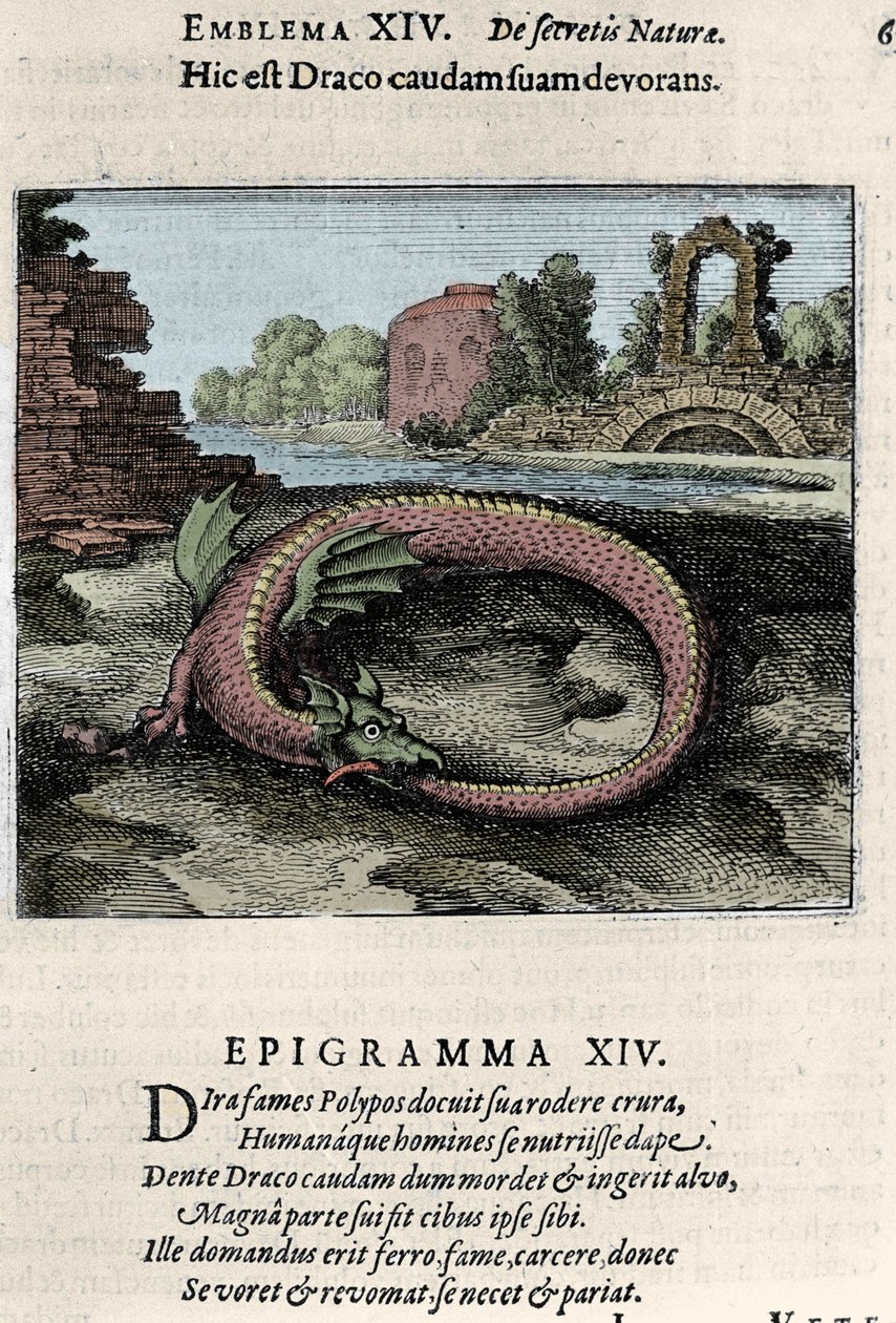 尻尾を叩く龍（またはオウロク（？Michel Maier（1568-1622）の錬金術の秘伝書「Atalanta fugiens hoc est Emblemata nova de secretis naturae chymica」から引用した図版。 作： 無名の画家