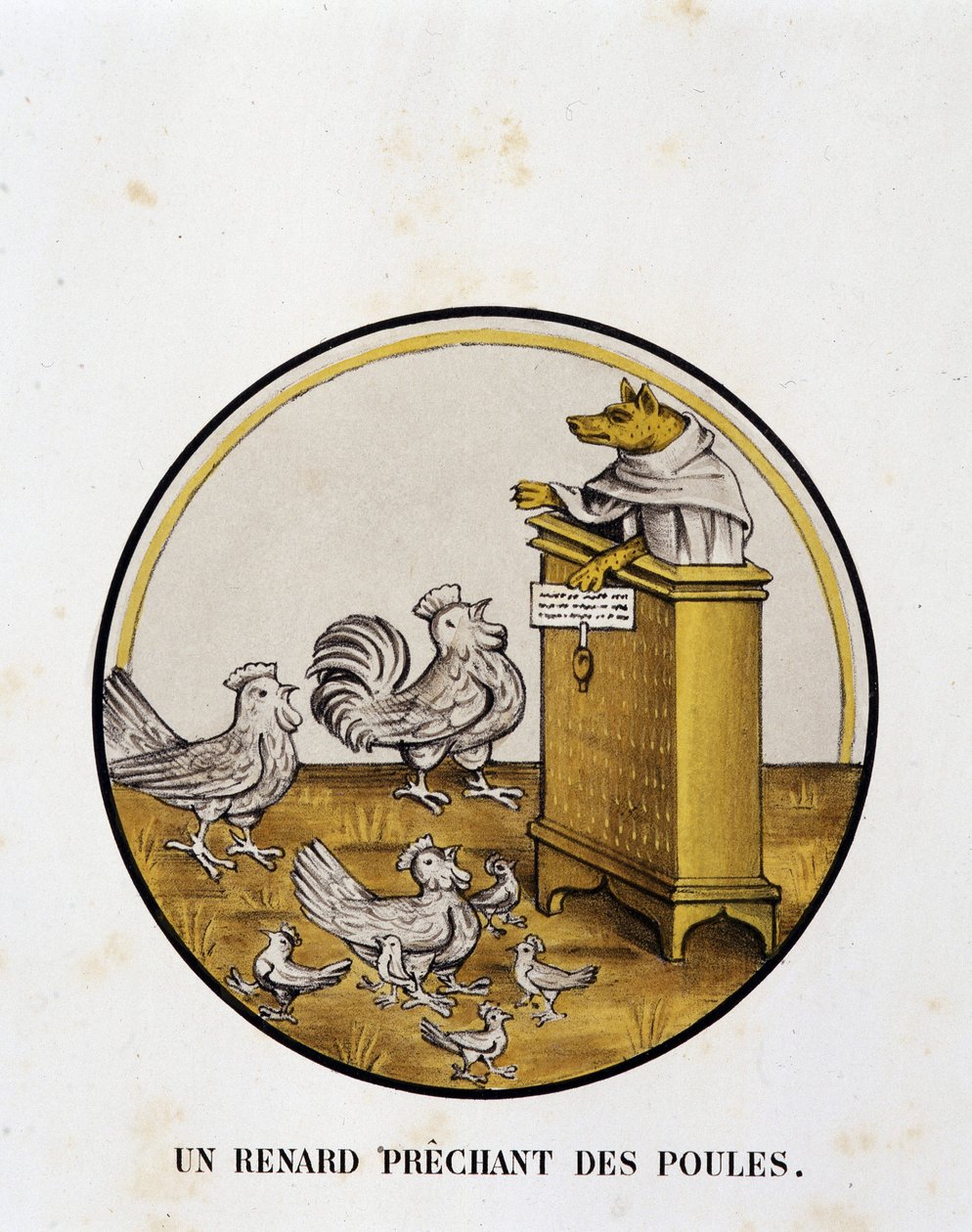 雌鶏の前に立つ狐（レナール小説） - 宗教的風刺画、リモージュ 作： 無名の画家